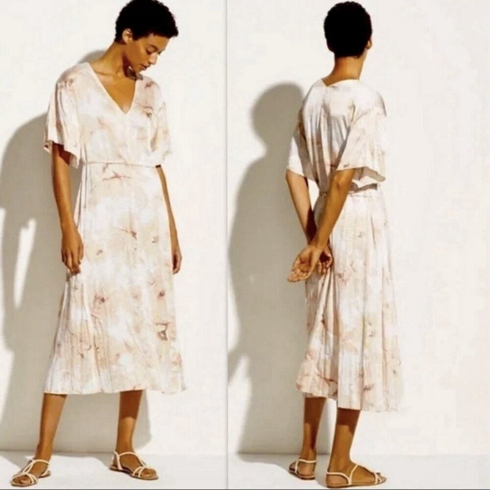 VINCE Women's Painted Magnolia V-Neck Short Sleeve Cream Pink Midi Dress Size M